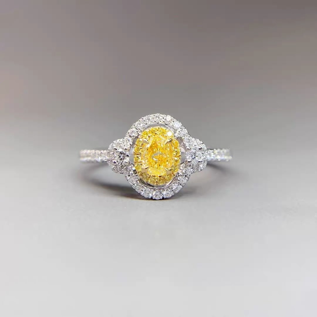14k Gold 0.47 Ctw Natural Yellow Diamond & Diamond Ring: Ref:230950053 // gold content:14k gold // ring size:7. 25us // // main gemstone:yellow diamond // shape:oval // carat weight:0. 19ct // color:yellow // treatment:natural // // adjacent gemstone 2