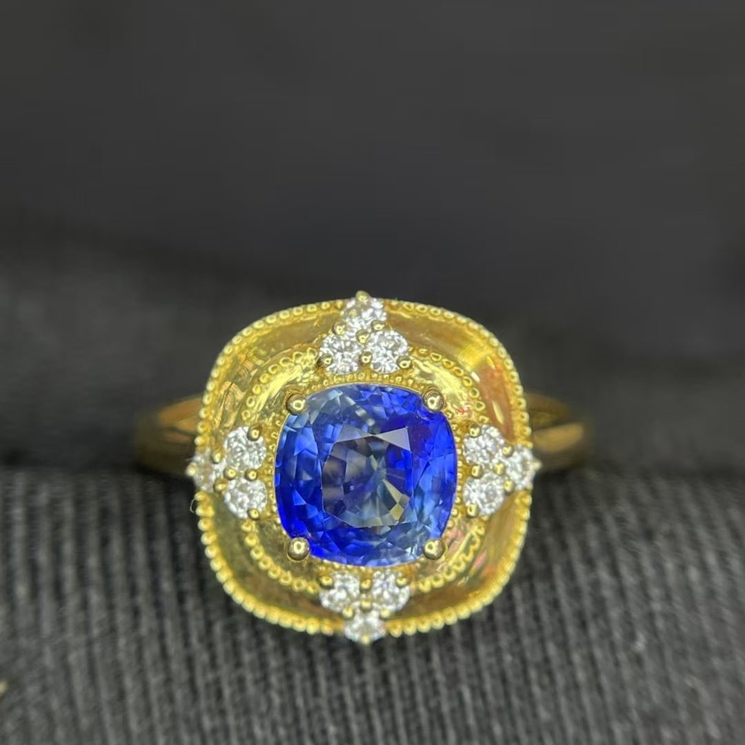 14k Gold 1.78 Ctw Natural Sapphire & Diamond Ring: Ref:230950067 // gold content:14k gold // ring size:7. 25us // // main gemstone:sapphire // shape:cushion // carat weight:1. 6ct // color:blue // treatment:natural // // adjacent gemstone 2 : diamond
