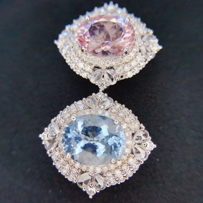 14k Gold 6.86 Ctw Natural Aquamarine & Morganite & Diamond Earrings - 2