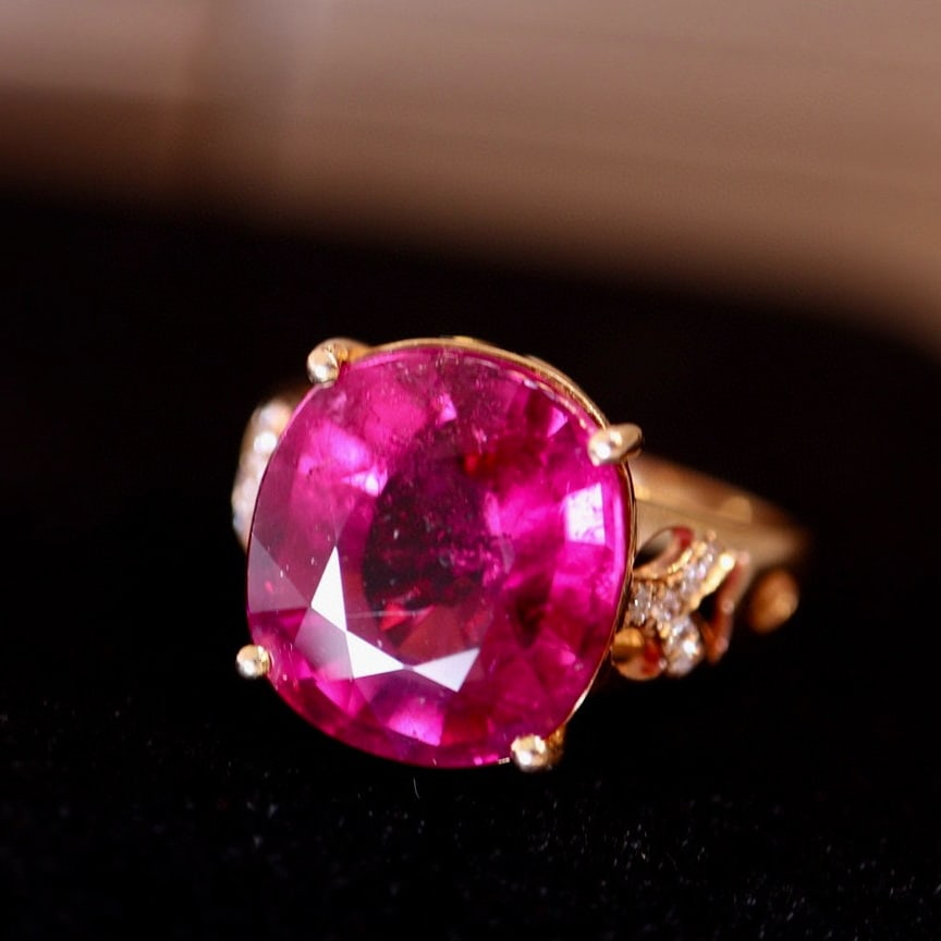 14k Gold 7.63 Ct Natural Tourmaline & Diamond Ring - 2