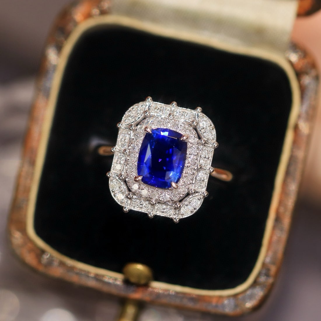 14k Gold 2.01 Ctw Natural Sapphire & Diamond Ring: Ref:230950293 // gold content:14k gold // ring size:7. 25us // // main gemstone:sapphire // shape:cushion // carat weight:1. 61ct // color:royal blue // treatment:natural // // adjacent gemstone 2 : d