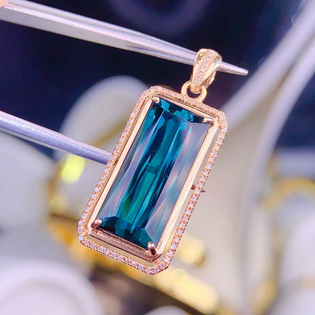 14k Gold 8.9 Ct Natural Tourmaline & Diamond Pendant( Without Chain ) - 2