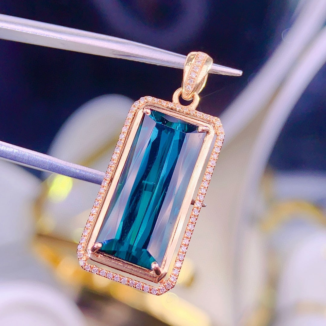 14k Gold 8.9 Ct Natural Tourmaline & Diamond Pendant( Without Chain ) - 4