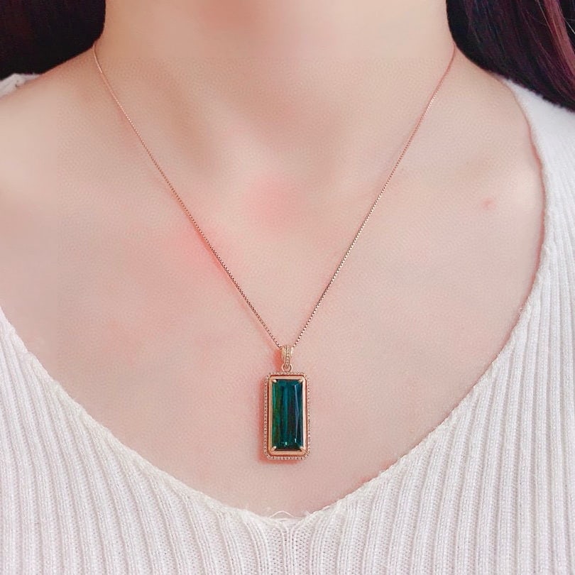 14k Gold 8.9 Ct Natural Tourmaline & Diamond Pendant( Without Chain ) - 7