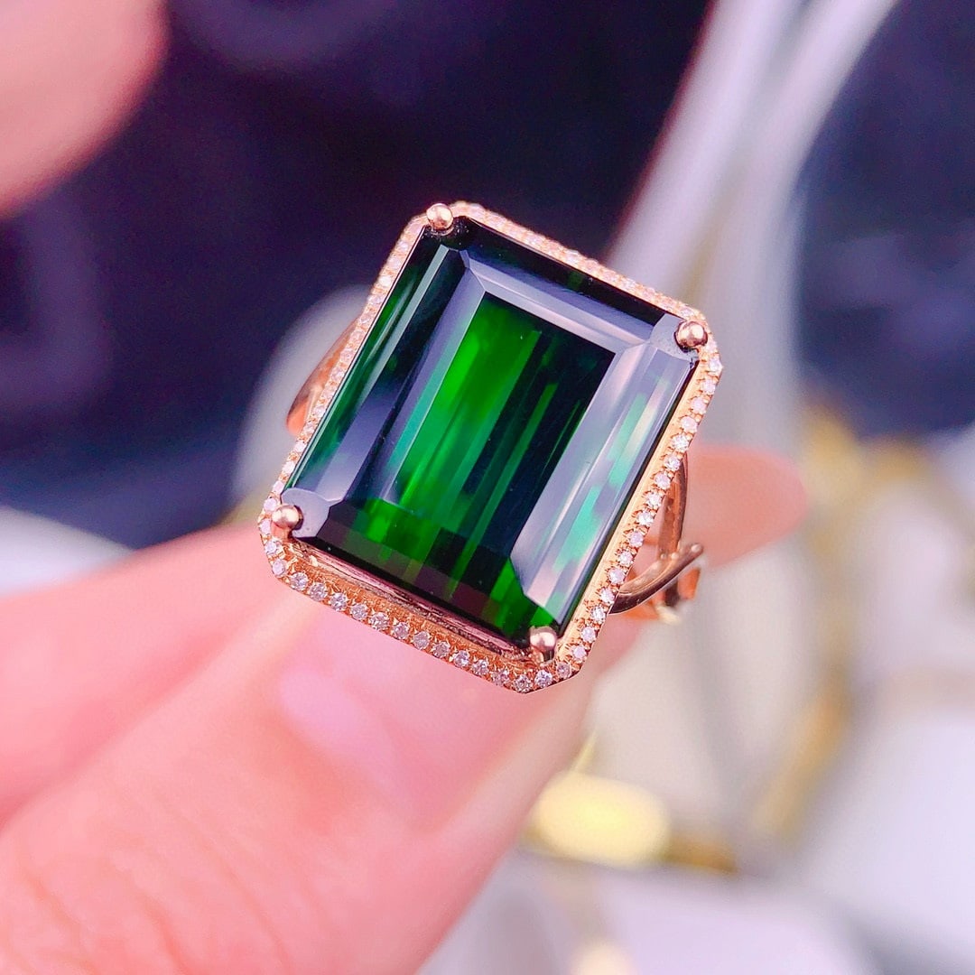 14k Gold 14 Ct Natural Tourmaline & Diamond Ring - 2