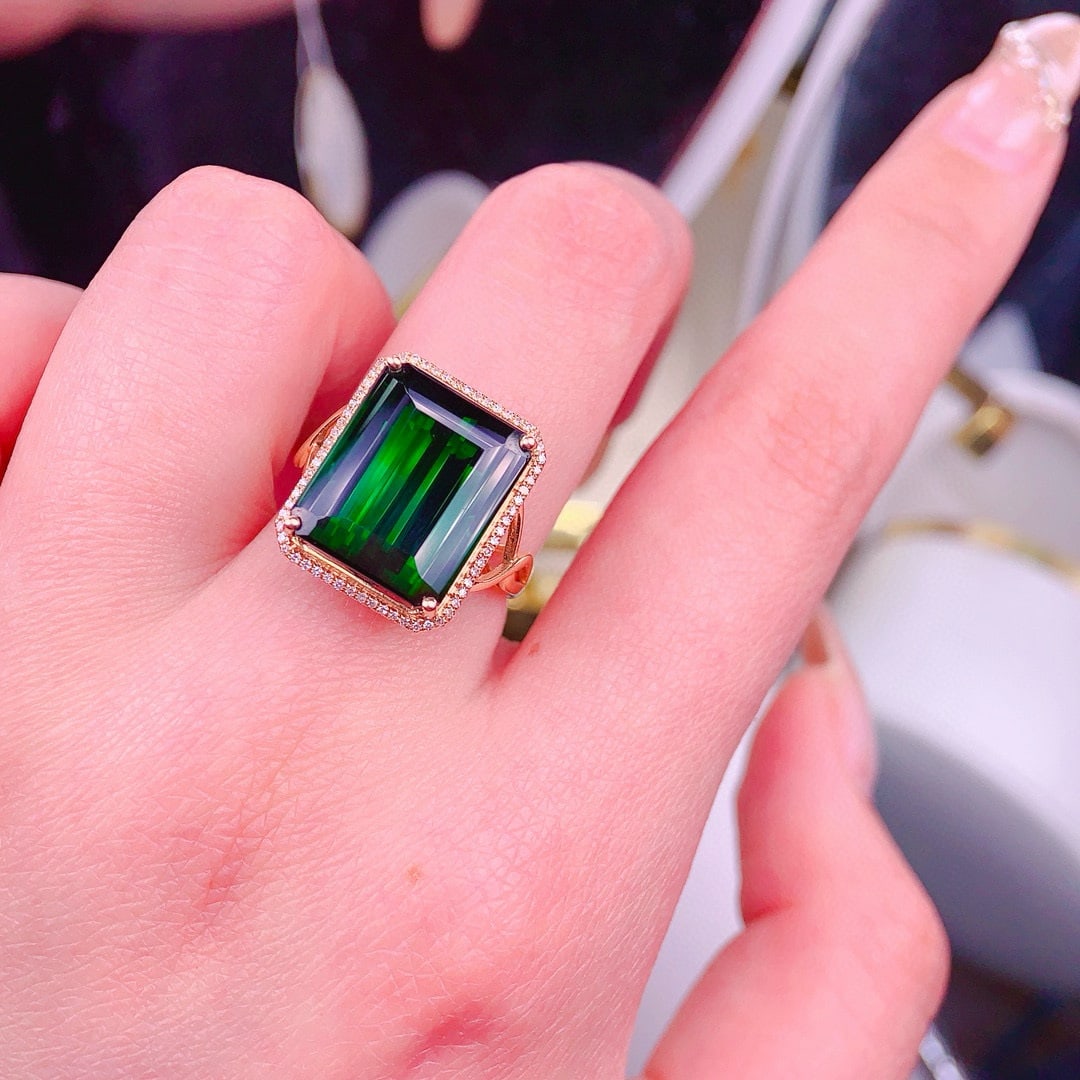 14k Gold 14 Ct Natural Tourmaline & Diamond Ring - 4