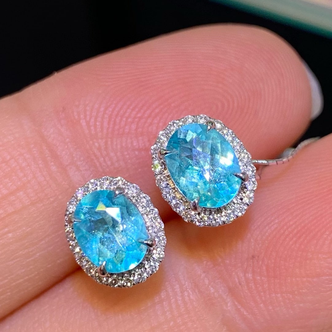 14k Gold 1.30 Ctw Natural Paraiba Tourmaline & Diamond Earrings - 2