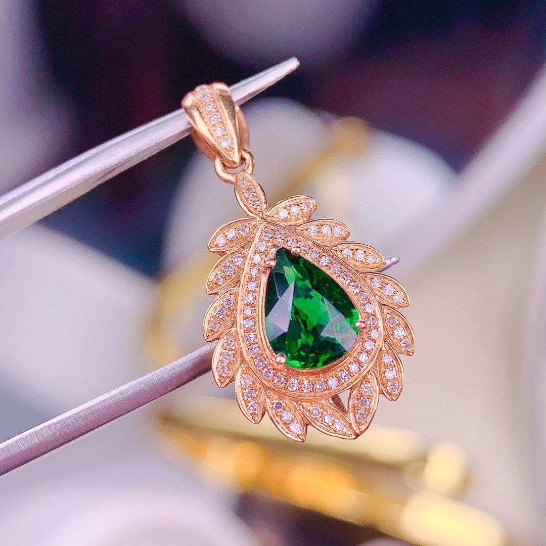 14k Gold 1.35 Ct Vivid Green Natural Tsavorite & Diamond Pendant( Without Chain ) - 3