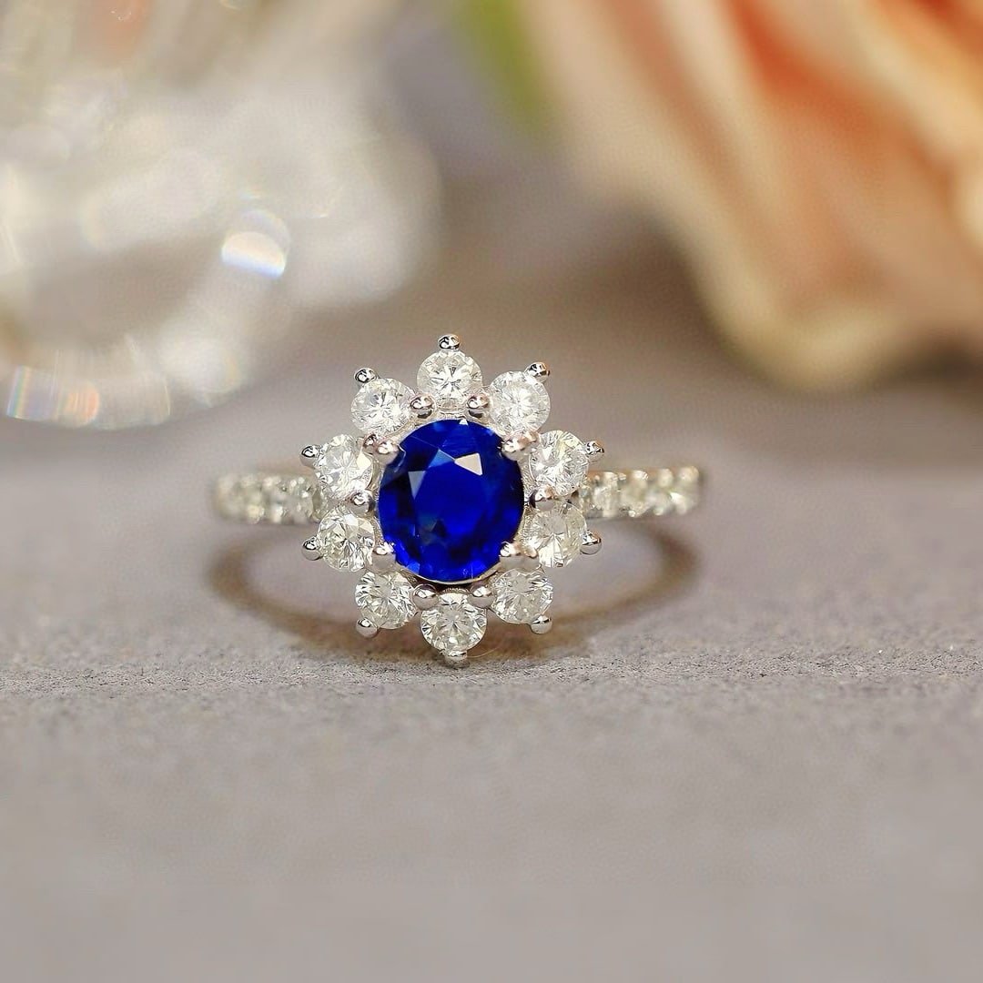14k Gold 1.92 Ctw Natural Sapphire & Diamond Ring: Ref:230950450 // gold content:14k gold // ring size:7. 25us // // main gemstone:sapphire // shape:oval // carat weight:1. 02ct // color:royal blue // treatment:natural // // adjacent gemstone 2 : diam