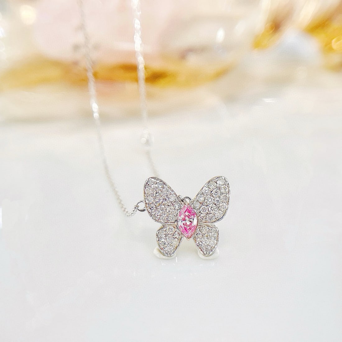 14K GOLD 0.37 CTW NATURAL PINK DIAMOND & DIAMOND & BUTTERFLY NECKLACE: Ref:230950291 // Gold Content:14K Gold // Main Gemstone:Pink Diamond // Shape:Marquise // Carat Weight:0.11ct // Color:Pink // Treatment:Natural // // Adjacent Gemstone 2 : Diamond // Shape:Round // C
