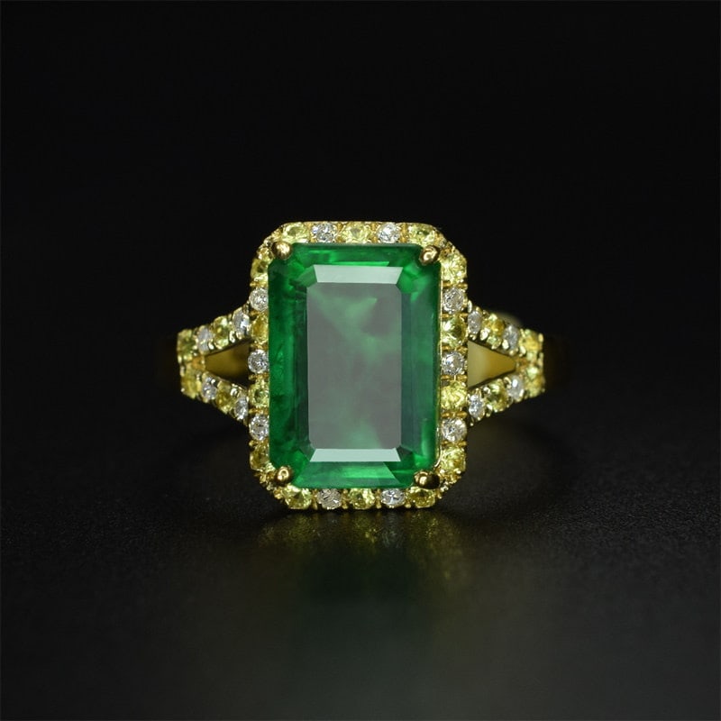 14k Gold 3.55 Ctw Natural Emerald & Diamond Ring: Ref:231145001 // gold content:14k gold // ring size:7. 25us // // main gemstone:emerald // shape:octagonal // carat weight:3. 45ct // color:green // treatment:natural // // adjacent gemstone 2 :
