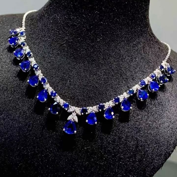 14k Gold 10.02 Ct Natural Sapphire & Diamond Necklace - 4