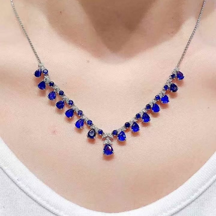 14k Gold 10.02 Ct Natural Sapphire & Diamond Necklace - 5