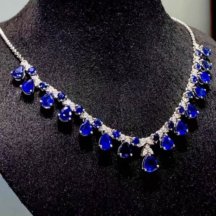 14k Gold 10.02 Ct Natural Sapphire & Diamond Necklace - 6
