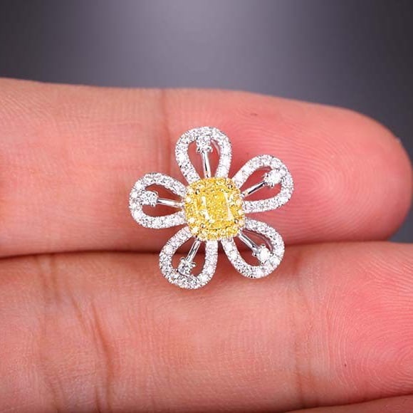 14k Gold 0.74 Ctw Natural Yellow Diamond & Diamond & Flowers Pendant( Without Chain ) - 5