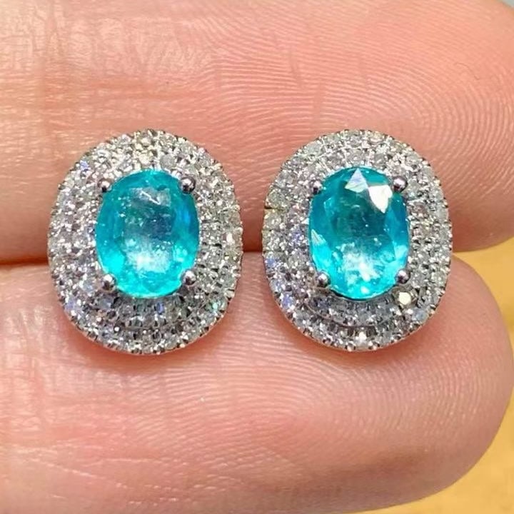 14k Gold 0.8 Ct Natural Paraiba Tourmaline & Diamond Earrings - 2