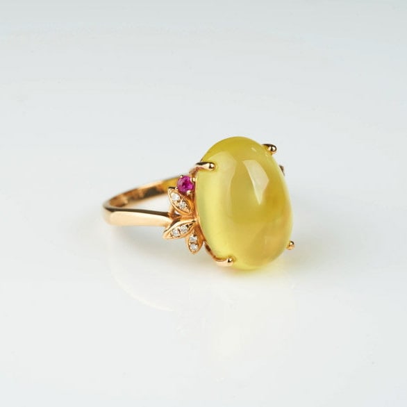 14k Gold 7.2 Ct Natural Prehnite & Diamond & Ruby Ring - 6