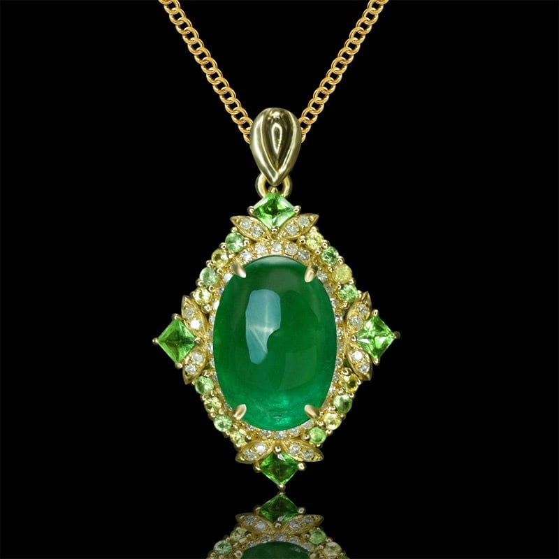 14k Gold 4.13 Ctw Natural Emerald & Sapphire Pendant( Without Chain ): Ref:231145122 // gold content:14k gold // main gemstone:emerald // shape:oval // carat weight:4. 00ct // color:green // treatment:natural // // adjacent gemstone 2 : sapphire // shape:round // carat w
