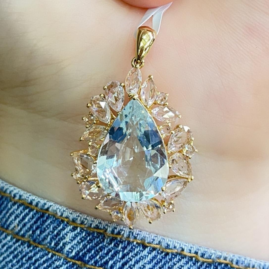 14k Gold 5.20 Ct Natural Aquamarine & Sapphire Pendant( Without Chain ) - 4