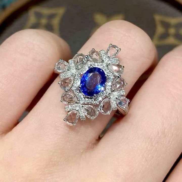 14k Gold 1 Ct Natural Sapphire & Diamond & Sapphire Ring - 4