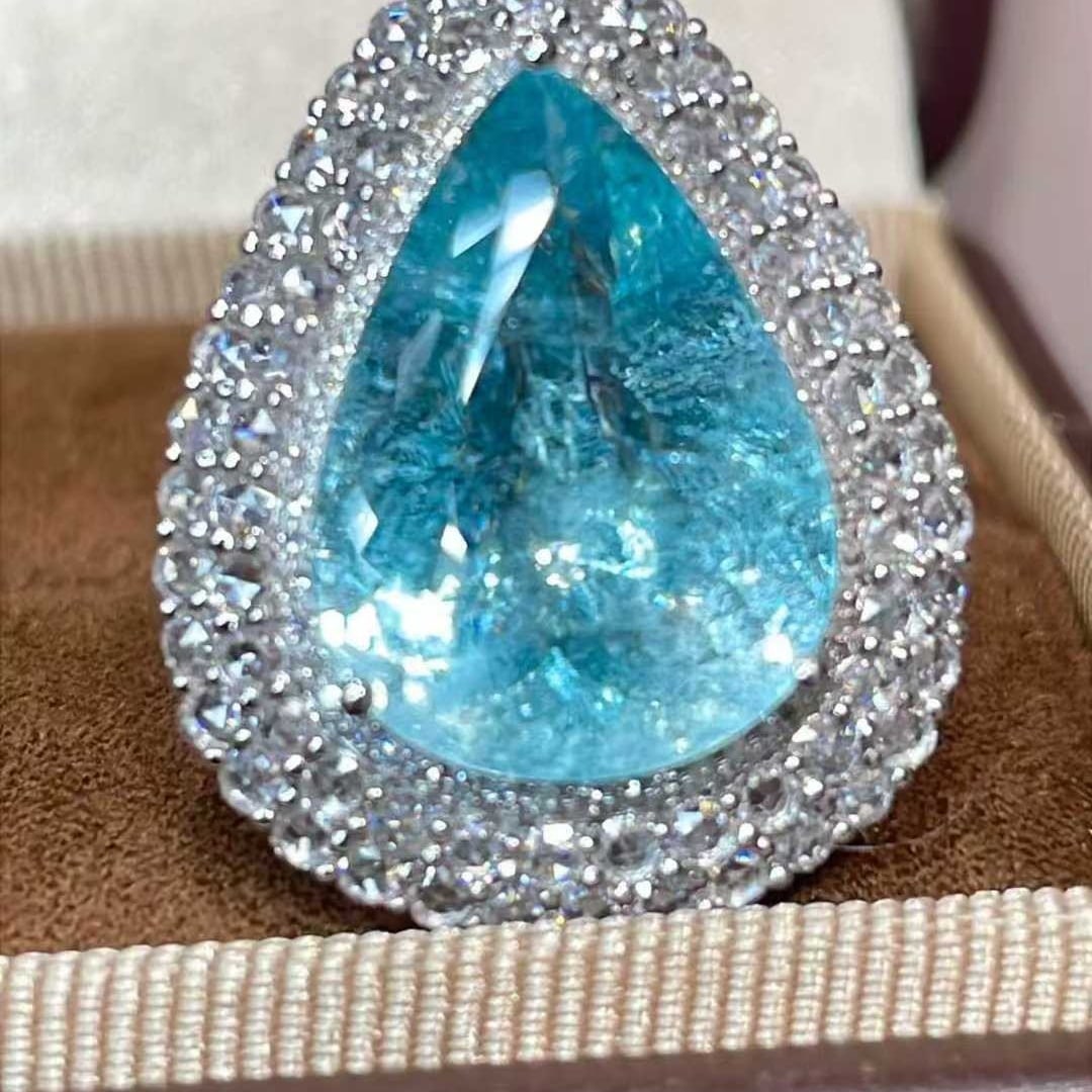 14k Gold 12.25 Ctw Natural Paraiba Tourmaline & Diamond Ring/pendant( Without Chain ): Ref:231145248 // gold content:14k gold // ring size:7. 25us // // main gemstone:paraiba tourmaline // shape:pear // carat weight:10. 6ct // color:blue // treatment:natural // // adjacent gemstone