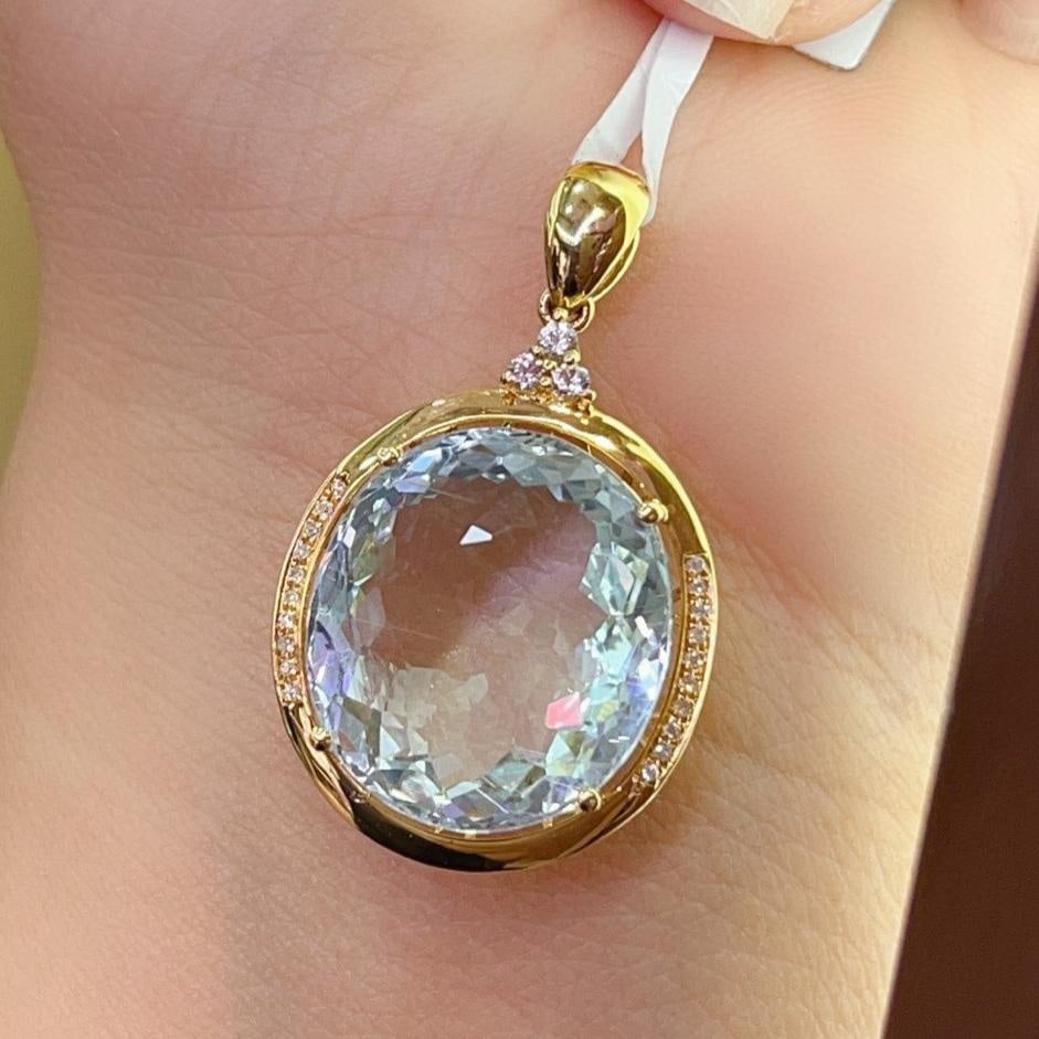 14k Gold 15.05 Ct Natural Aquamarine & Diamond & Sapphire Pendant( Without Chain ) - 5