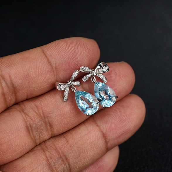 14k Gold 3.45 Ct Natural Aquamarine & Diamond Earrings - 7