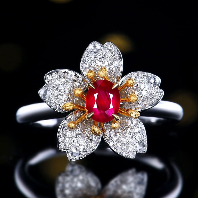 14k Gold 0.95 Ctw Natural Ruby & Diamond & Flowers Ring: Ref:231146049 // gold content:14k gold // ring size:7. 25us // // main gemstone:ruby // shape:oval // carat weight:0. 58ct // color:red // treatment:natural // // adjacent gemstone 2 : diamond //