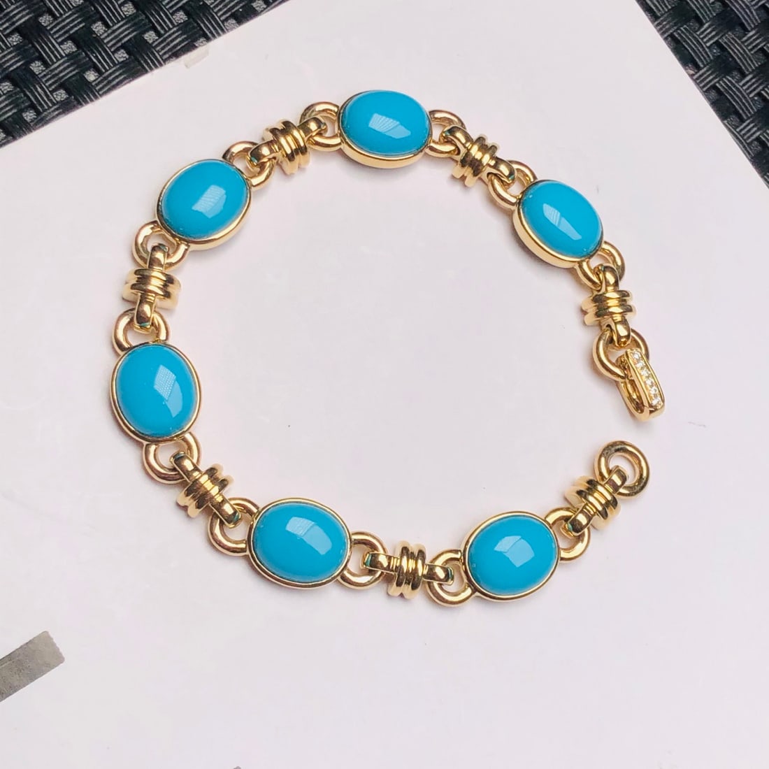 14k Gold 15.75 Ct Natural Blue Turquoise & Diamond Bracelet - 5