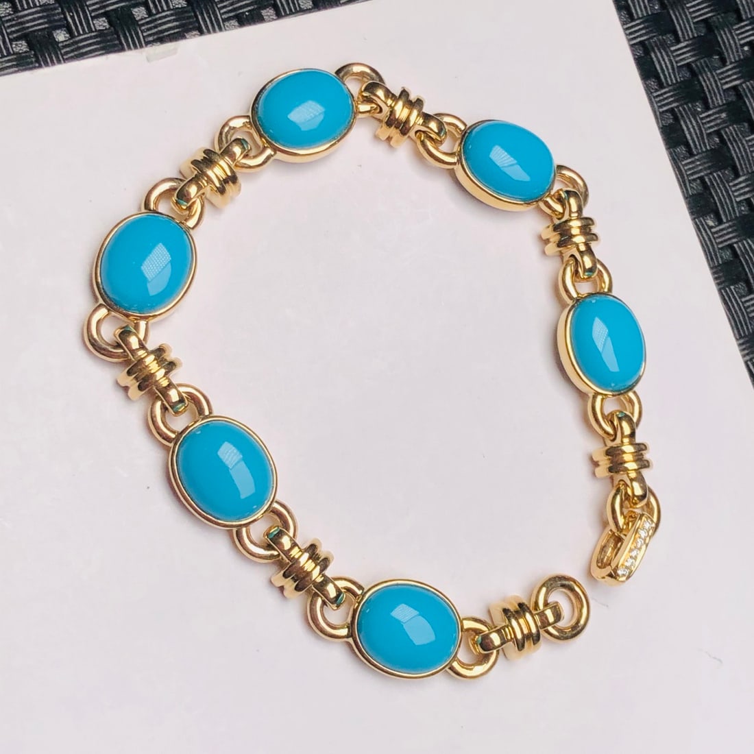 14k Gold 15.75 Ct Natural Blue Turquoise & Diamond Bracelet - 6