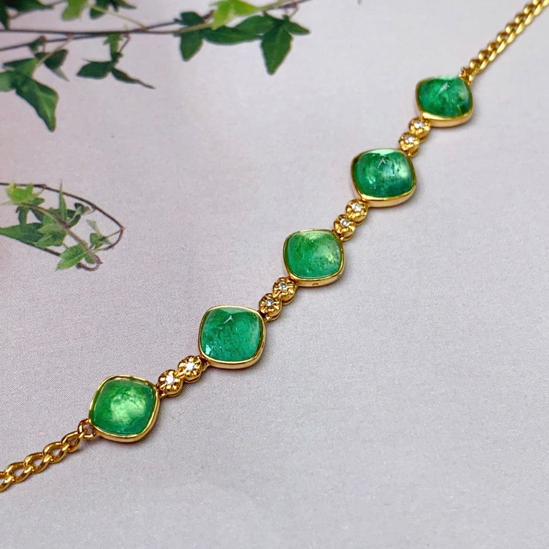 14k Gold 3.80 Ct Natural Emerald & Diamond Bracelet - 2