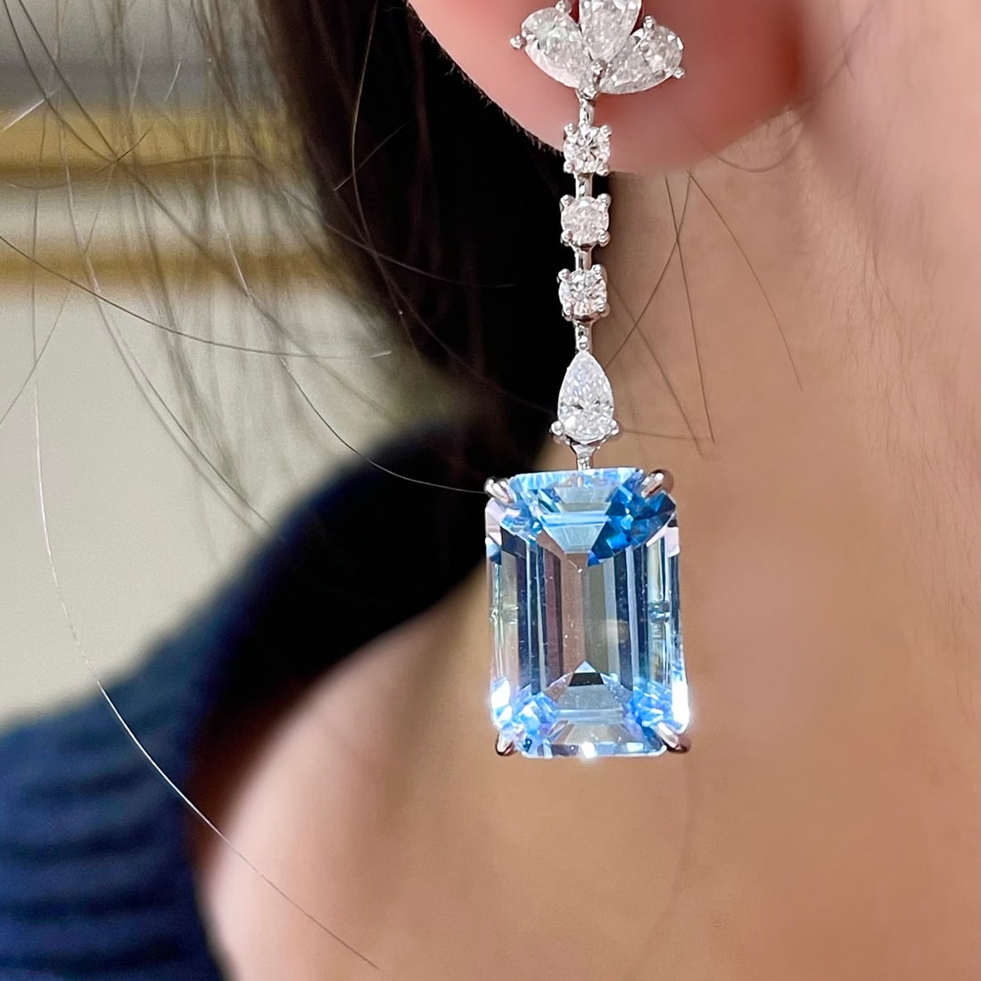14k Gold 8.43 Ctw Natural Aquamarine & Diamond Earrings - 3