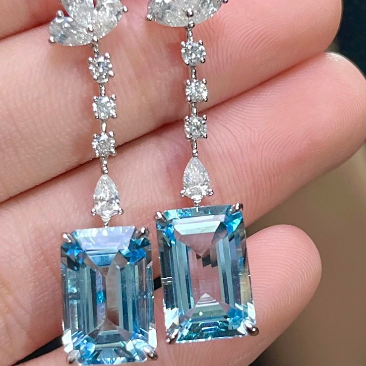 14k Gold 8.43 Ctw Natural Aquamarine & Diamond Earrings - 4