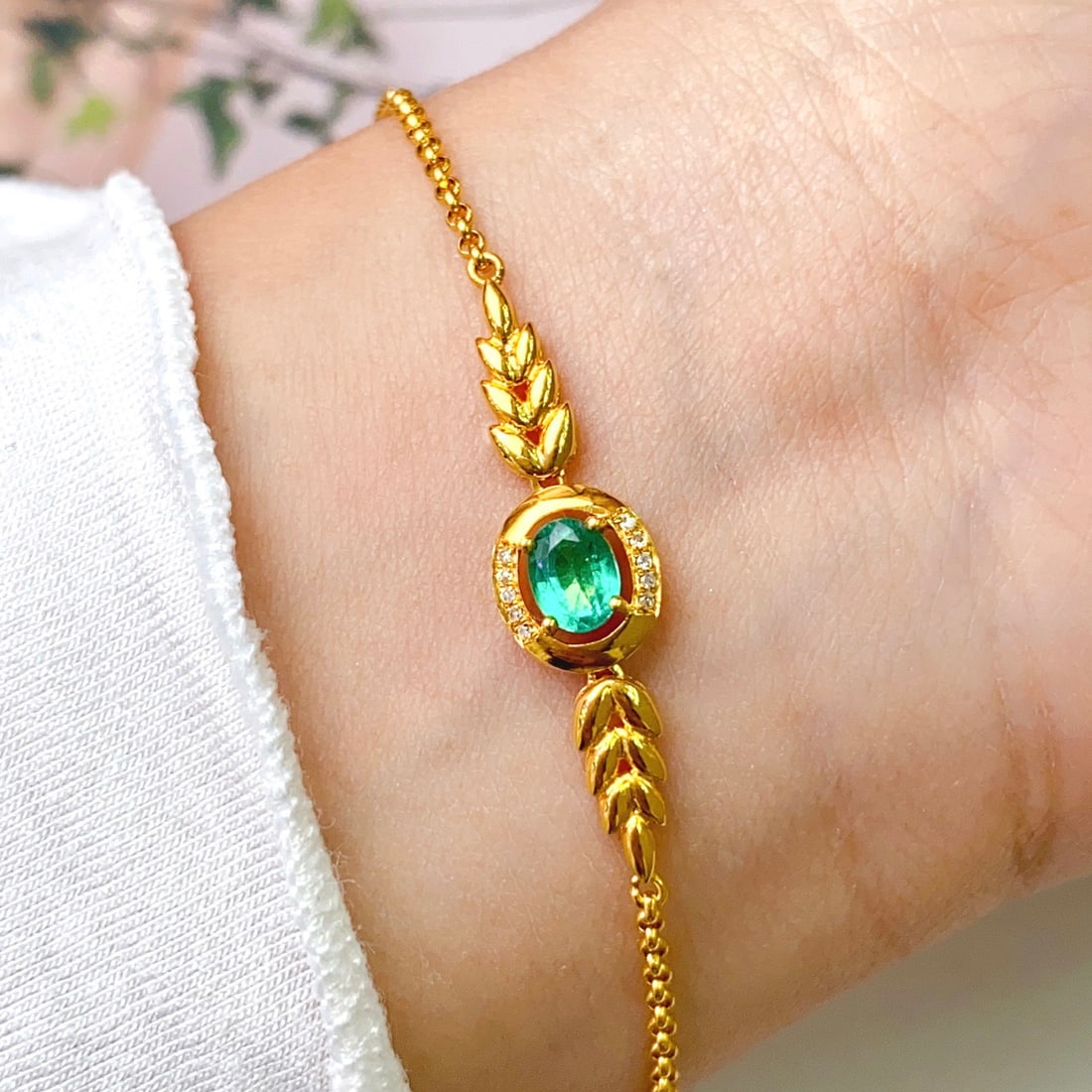 14k Gold 0.45 Ct Natural Emerald & Diamond Bracelet - 6