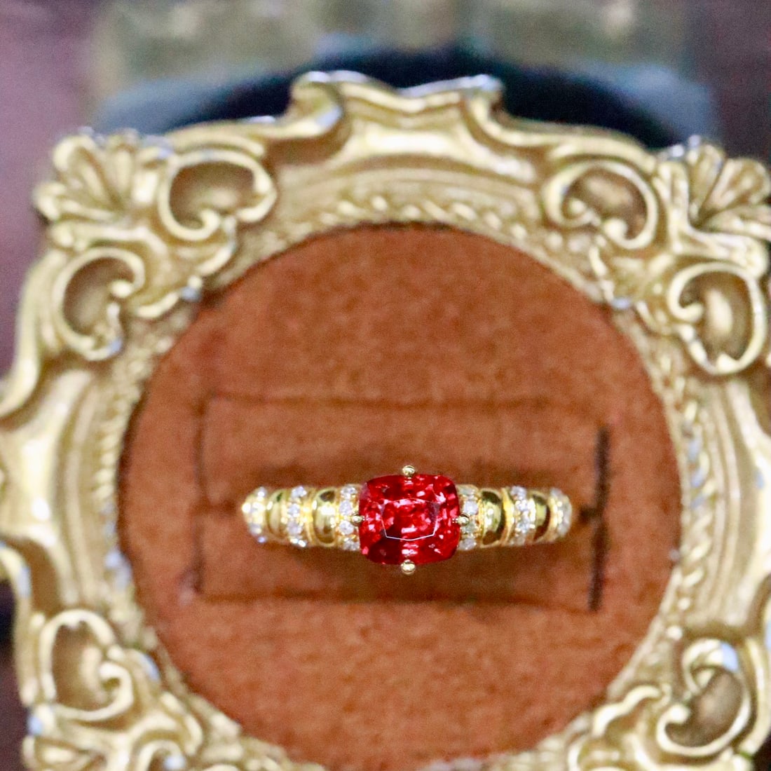 14k Gold 0.77 Ctw Natural Spinel & Diamond Ring: Ref:231146224 // gold content:14k gold // ring size:7. 25us // // main gemstone:spinel // shape:cushion // carat weight:0. 70ct // color:red // treatment:natural // // adjacent gemstone 2 : diamond //