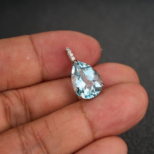 14k Gold 4.41 Ct Natural Aquamarine & Diamond Pendant( Without Chain ) - 6