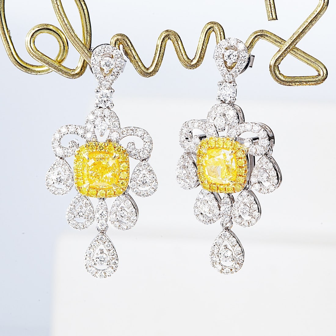 14k Gold 2.22 Ctw Natural Yellow Diamond & Diamond Earrings: Ref:231146265 // gold content:14k gold // main gemstone:yellow diamond // shape:cushion // carat weight:1. 16ct // color:yellow // treatment:natural // // adjacent gemstone 2 : diamond // shape:round 