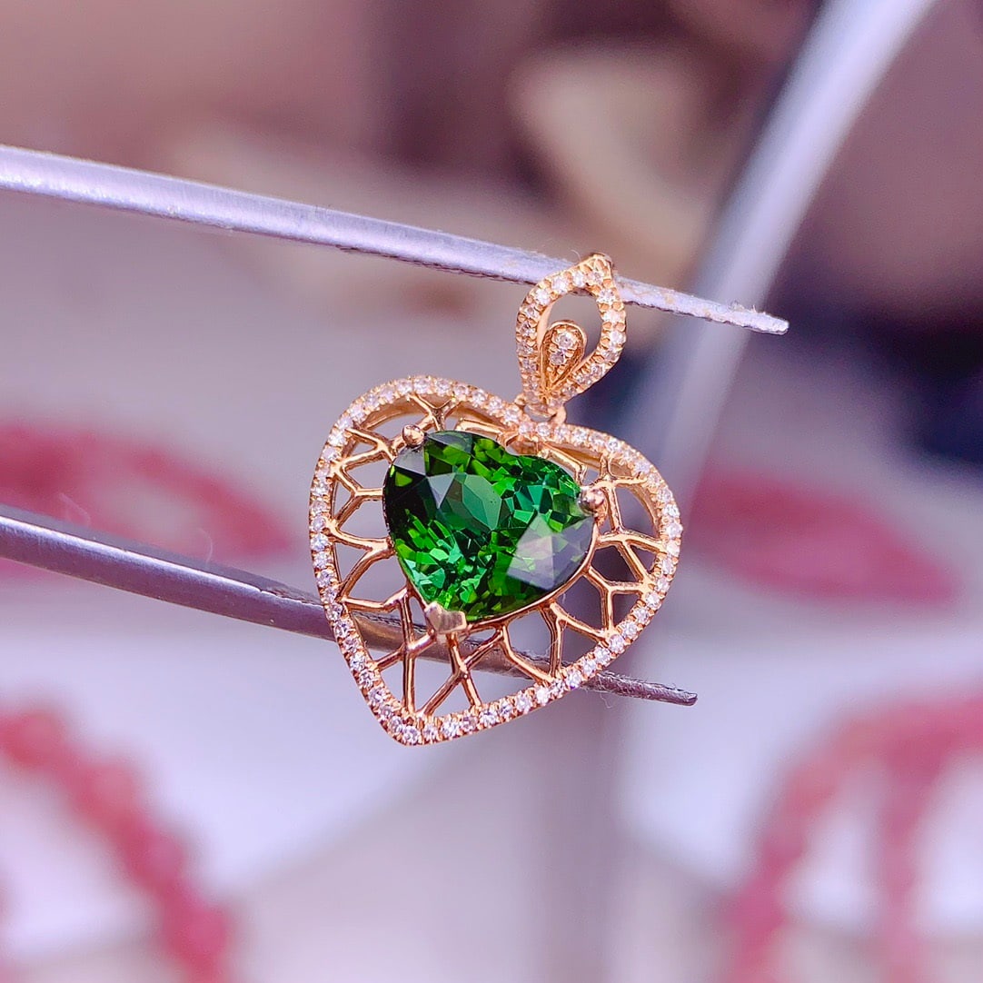 14k Gold 5.9 Ct Natural Tourmaline & Diamond Pendant( Without Chain ) - 2