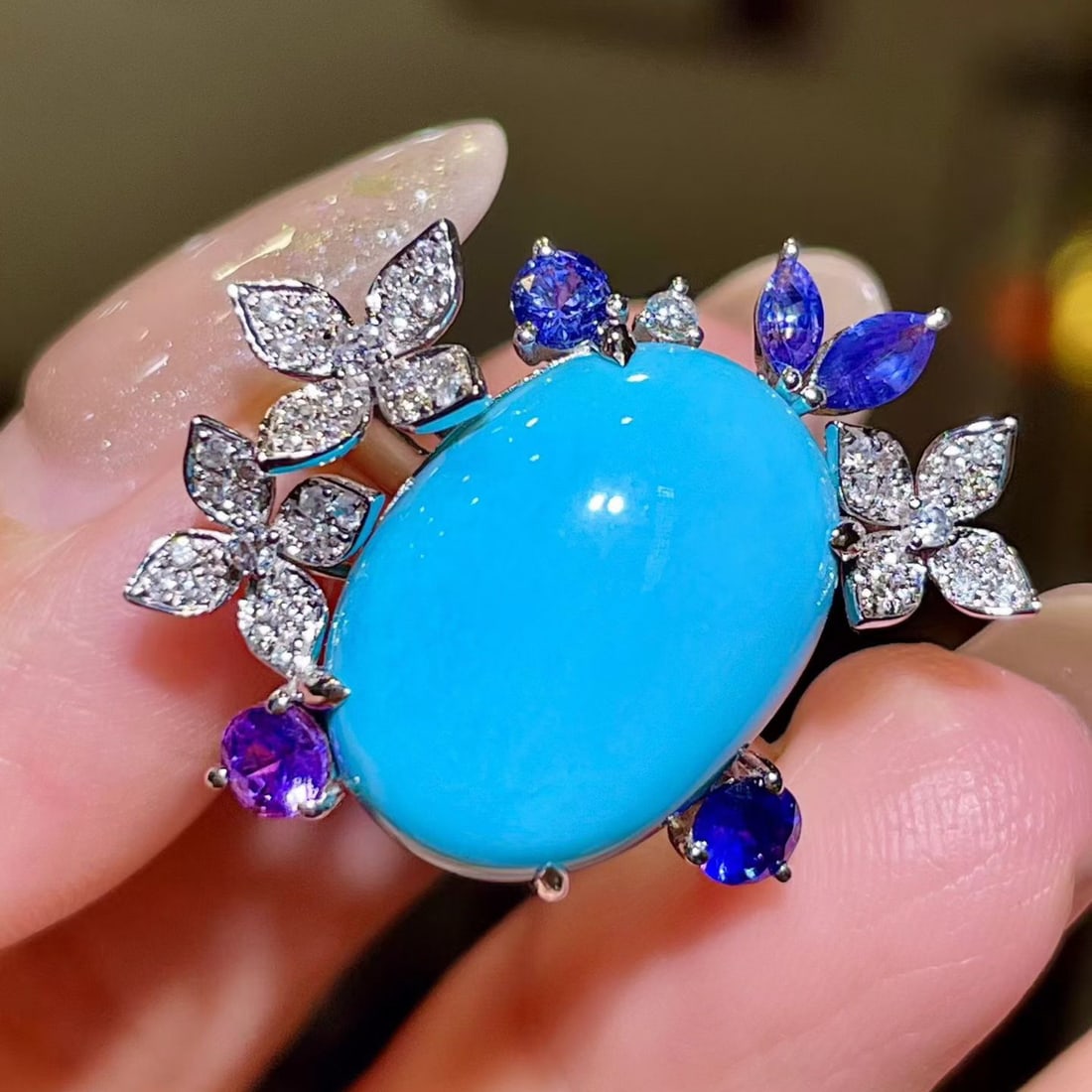 14k Gold 11.95 Ctw Natural Blue Turquoise & Sapphire Ring - 2