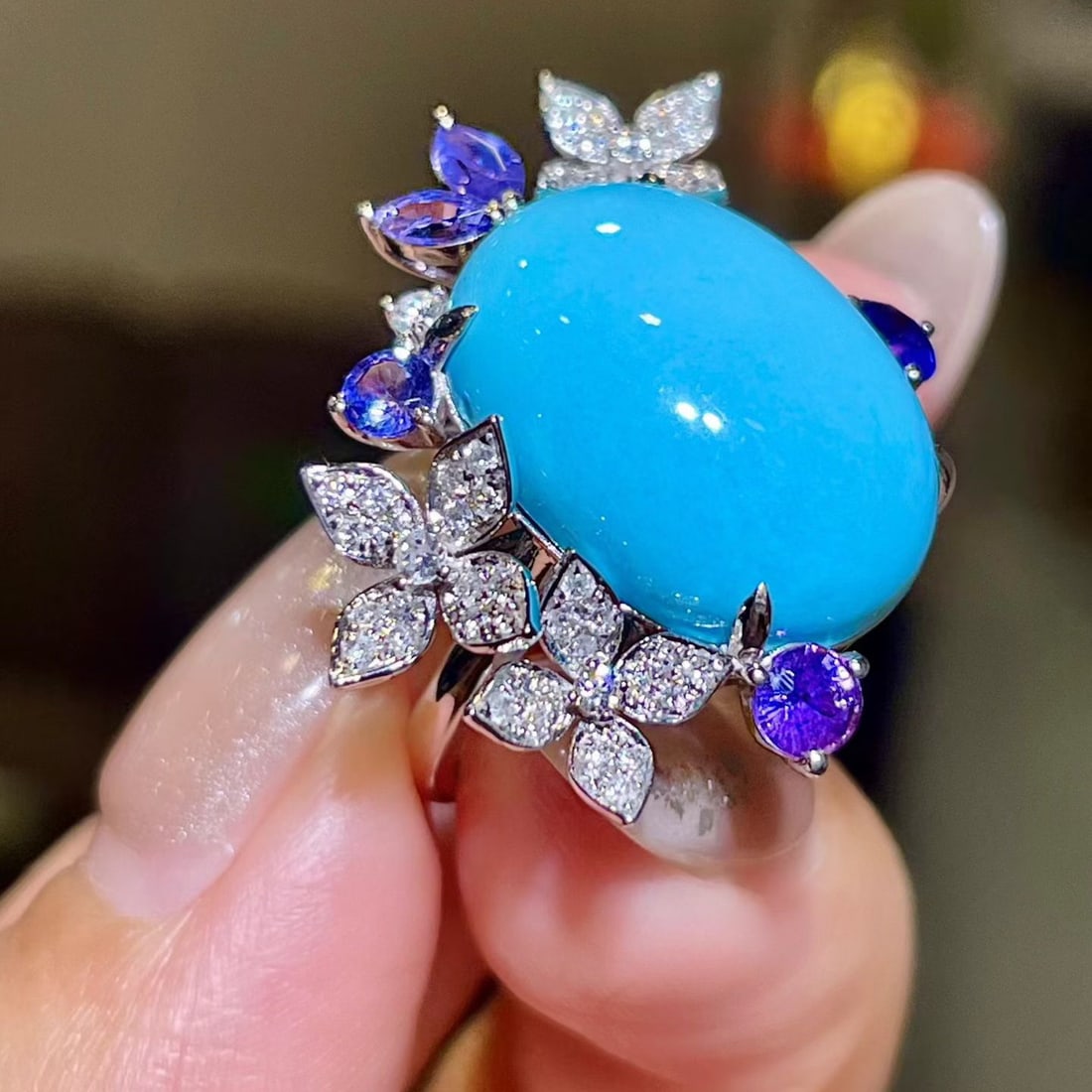 14k Gold 11.95 Ctw Natural Blue Turquoise & Sapphire Ring - 3
