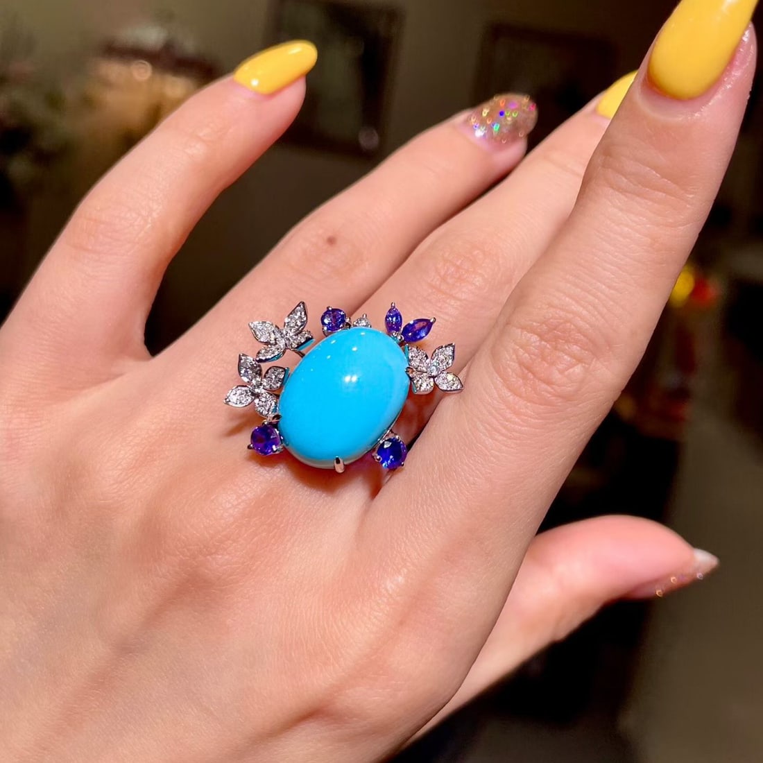 14k Gold 11.95 Ctw Natural Blue Turquoise & Sapphire Ring - 4