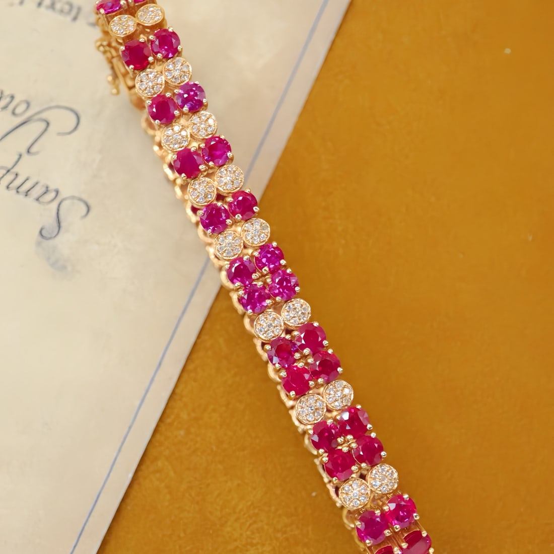 14k Gold 10.47 Ctw Natural Ruby & Diamond Bracelet: Ref:231146375 // gold content:14k gold // main gemstone:ruby // shape:round // carat weight:9. 8ct // color:red // treatment:natural // cut grade:g // // adjacent gemstone 2 : diamond // number of