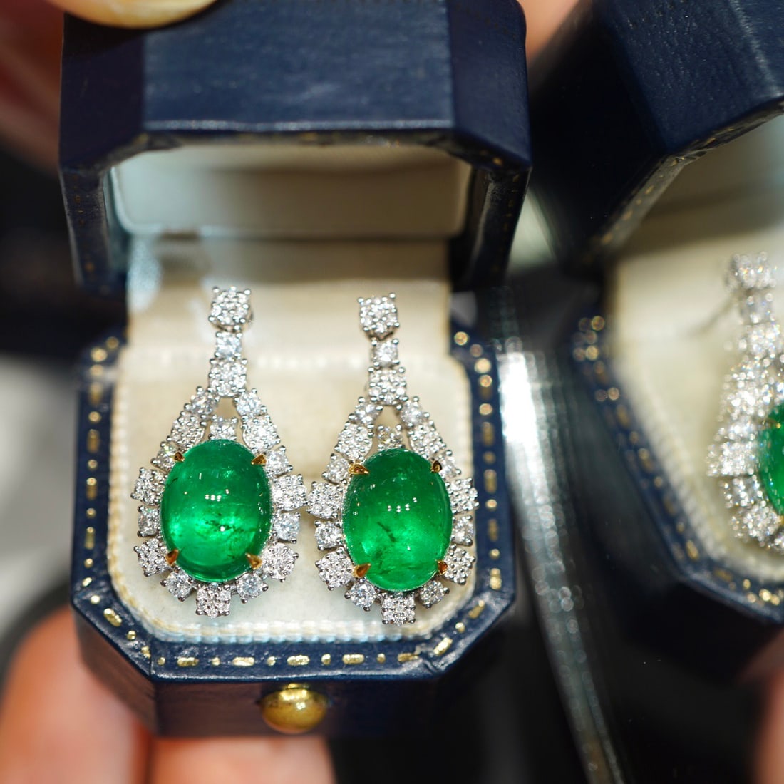14k Gold 5.15 Ct Vivid Green Natural Emerald & Diamond Earrings - 3