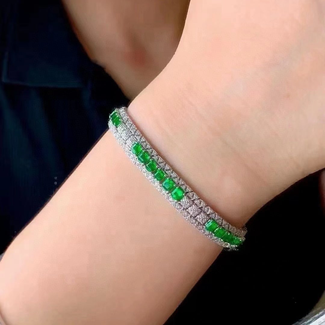 14k Gold 3.75 Ctw Vivid Green Natural Emerald & Diamond Bracelet - 5