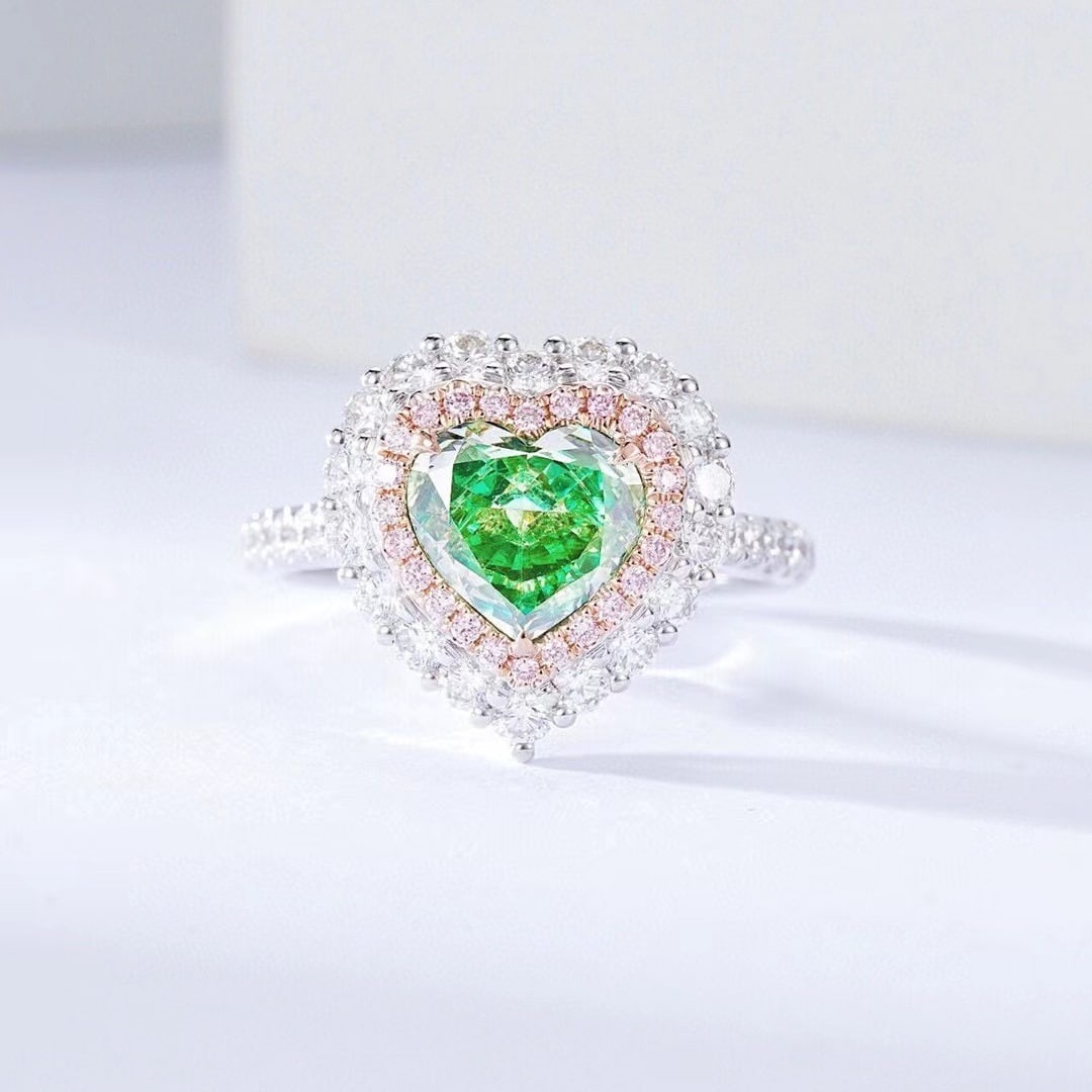 Gia Certified 14k Gold 1.90 Ctw Natural Green Diamond & Diamond Ring: Ref:230973021 // gold content:14k gold // ring size:7. 25us // // main gemstone:green diamond // certified:gia // shape:heart // carat weight:1. 03ct // clarity grade:vs2 // color:green // treatment:n