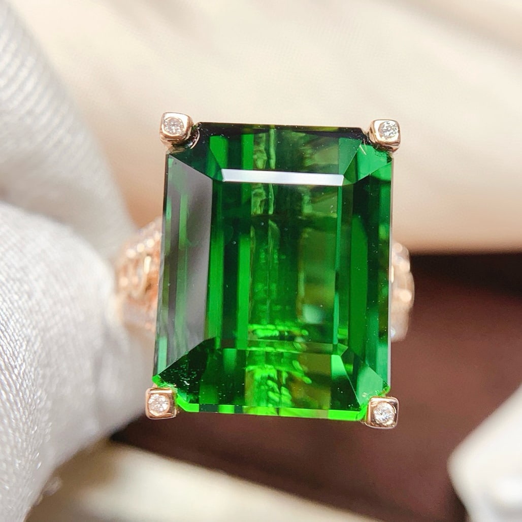 14k Gold 18.31 Ct Natural Tourmaline & Diamond Ring - 2