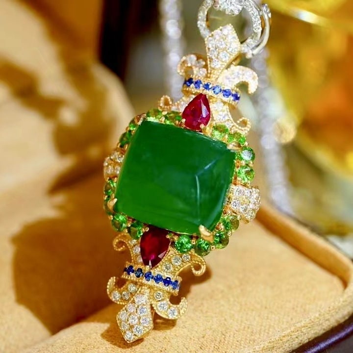 14k Gold 13.37 Ct Vivid Green Natural Emerald & Diamond & Ruby & Tsavorite & Sapphire Pendant( Wi... - 3