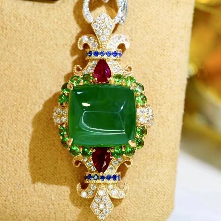14k Gold 13.37 Ct Vivid Green Natural Emerald & Diamond & Ruby & Tsavorite & Sapphire Pendant( Wi... - 4
