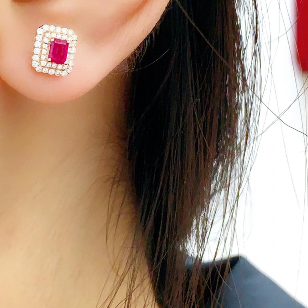 14k Gold 0.83 Ctw Natural Ruby & Diamond Earrings - 3