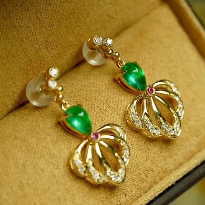 14k Gold 1 Ct Natural Emerald & Diamond Earrings - 2